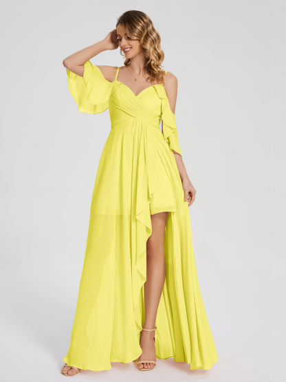 Vestido de fiesta de gasa con volantes y hombros descubiertos