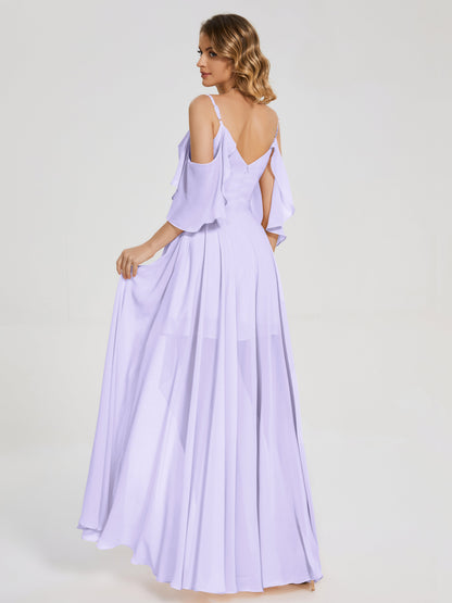 Vestido de fiesta de gasa con volantes y hombros descubiertos