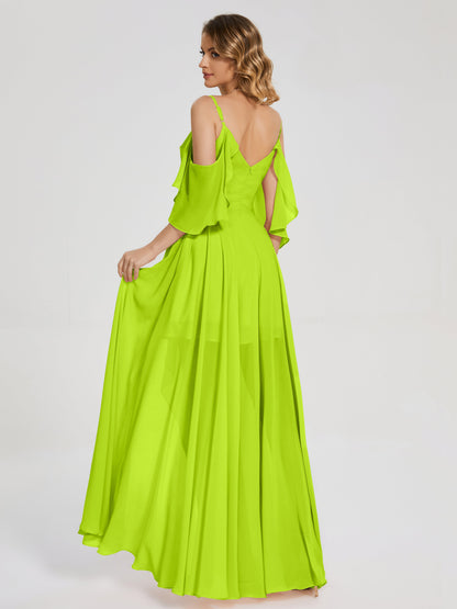 Vestido de fiesta de gasa con volantes y hombros descubiertos