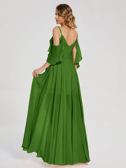Vestido de fiesta de gasa con volantes y hombros descubiertos