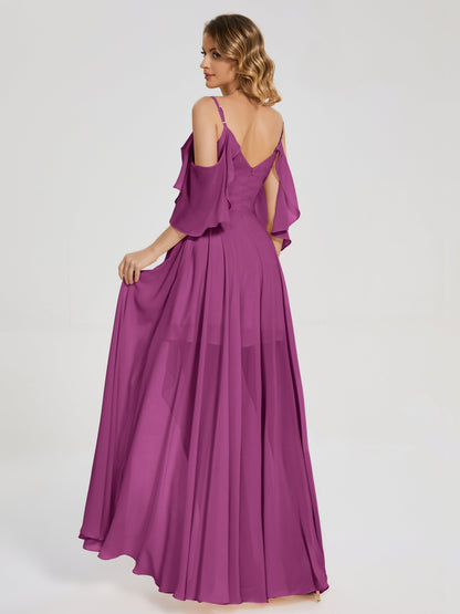 Vestido de fiesta de gasa con volantes y hombros descubiertos