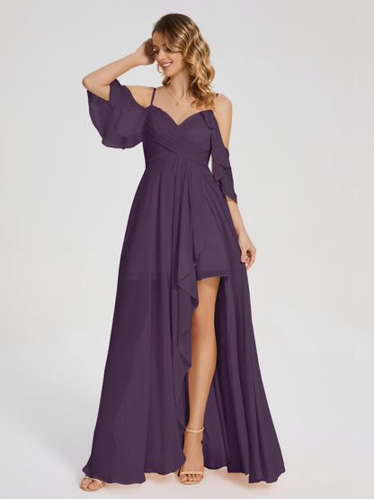 Vestido de fiesta de gasa con volantes y hombros descubiertos