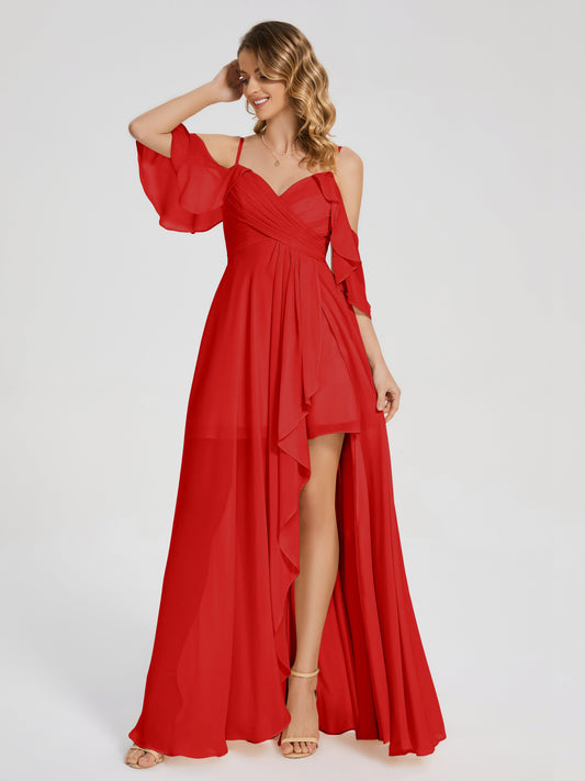 Vestido de fiesta de gasa con volantes y hombros descubiertos