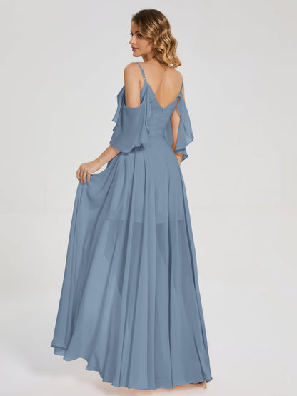 Vestido de fiesta de gasa con volantes y hombros descubiertos