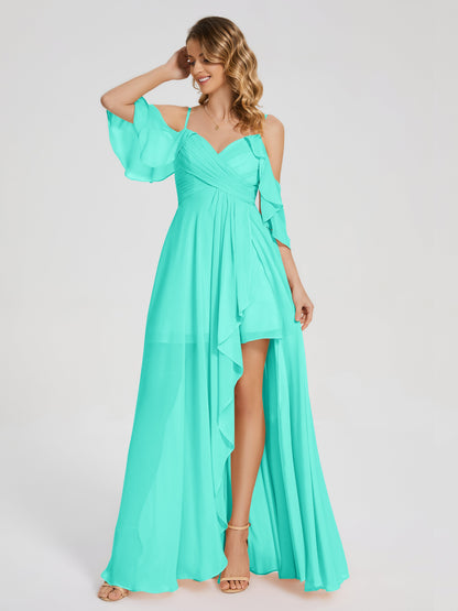 Vestido de fiesta de gasa con volantes y hombros descubiertos