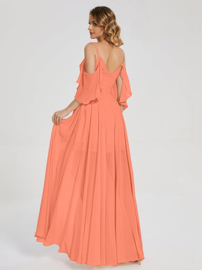 Vestido de fiesta de gasa con volantes y hombros descubiertos