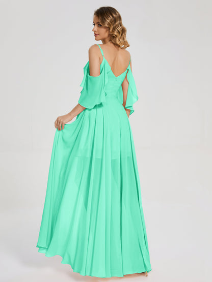 Vestido de fiesta de gasa con volantes y hombros descubiertos