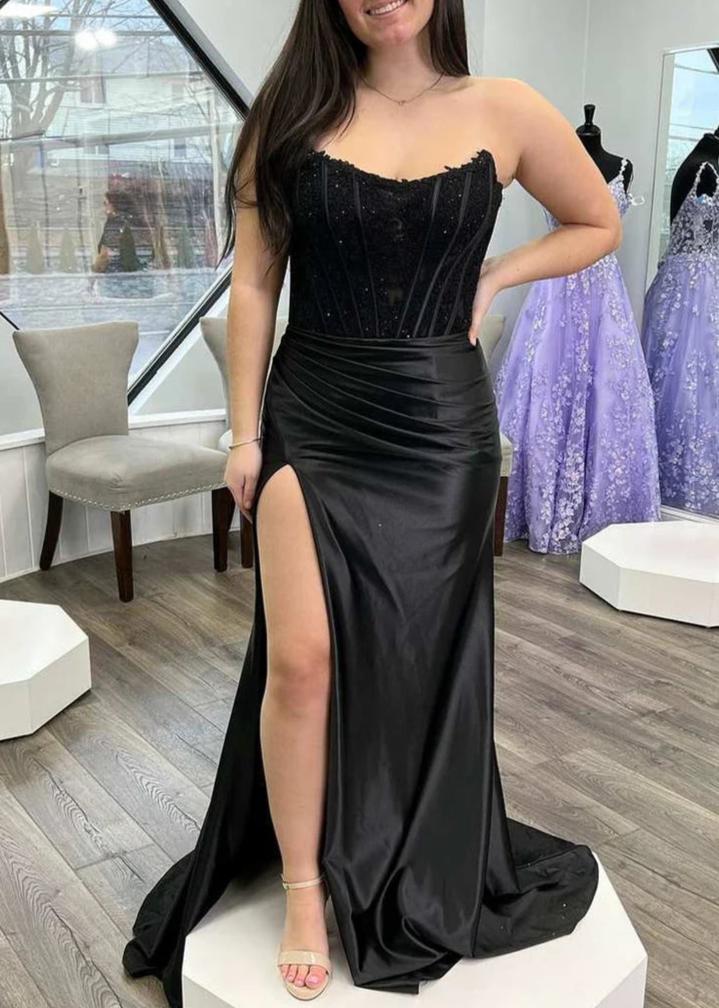 Arielle | Vestido de fiesta de satén con corsé, sin tirantes y abertura