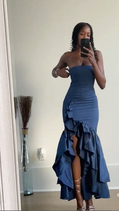 Blue Prom Dresses, Strapless Evening Dresses
