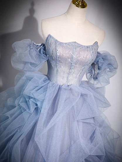 Vestido elegante de fiesta con escote en forma de A y tul abullonado para quinceañeras