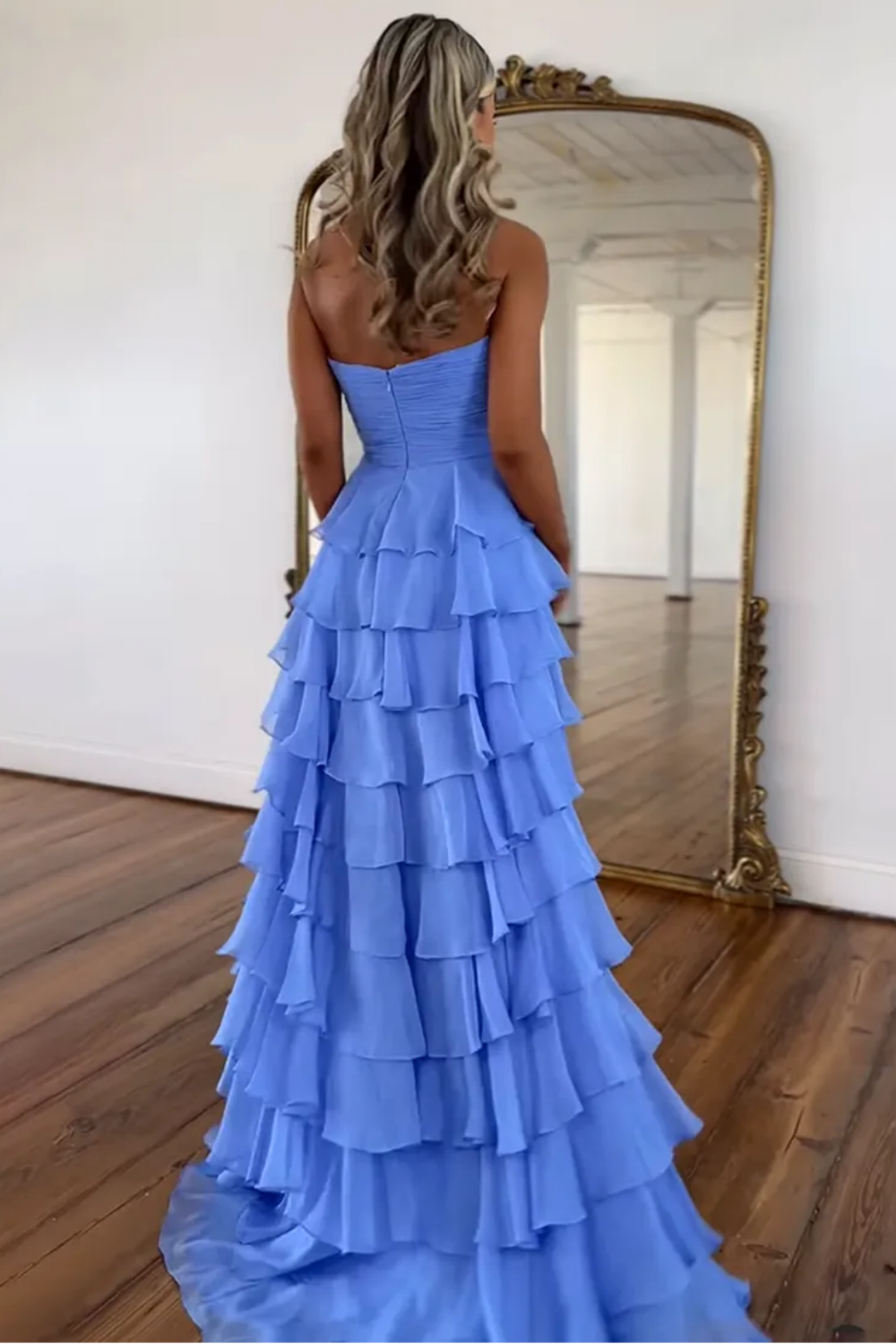 Cute A-Line Sweetheart Zipper Back Tiered Chiffon Prom Dress With Slit