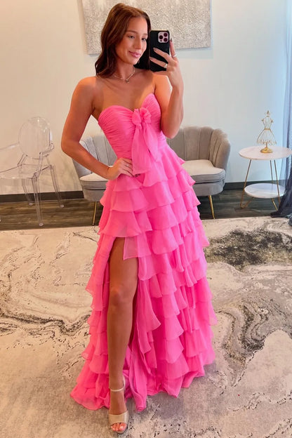 Cute A-Line Sweetheart Zipper Back Tiered Chiffon Prom Dress With Slit