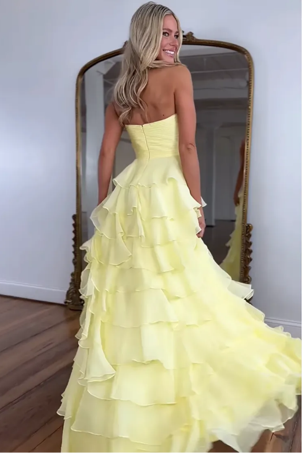Cute A-Line Sweetheart Zipper Back Tiered Chiffon Prom Dress With Slit