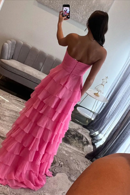 Cute A-Line Sweetheart Zipper Back Tiered Chiffon Prom Dress With Slit