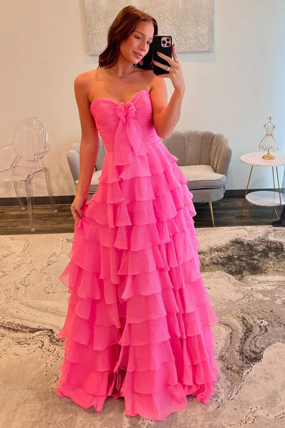 Cute A-Line Sweetheart Zipper Back Tiered Chiffon Prom Dress With Slit