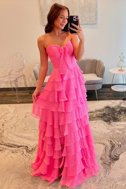 Cute A-Line Sweetheart Zipper Back Tiered Chiffon Prom Dress With Slit