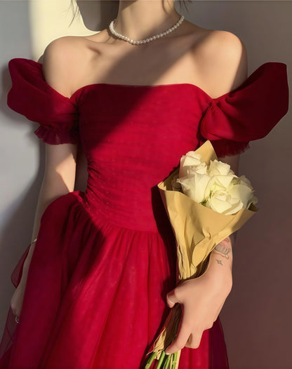 Vestido de fiesta de tul con corte en A y mangas cortas en color rojo brillante, LTP3549