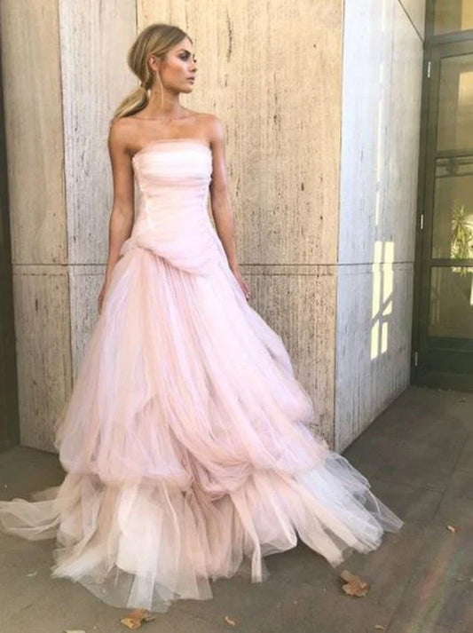 Formal Women's Dresses Light Pink Strapless A-Line Tulle Long Prom Dress Elegant Party Dress Prom Dresses Stores