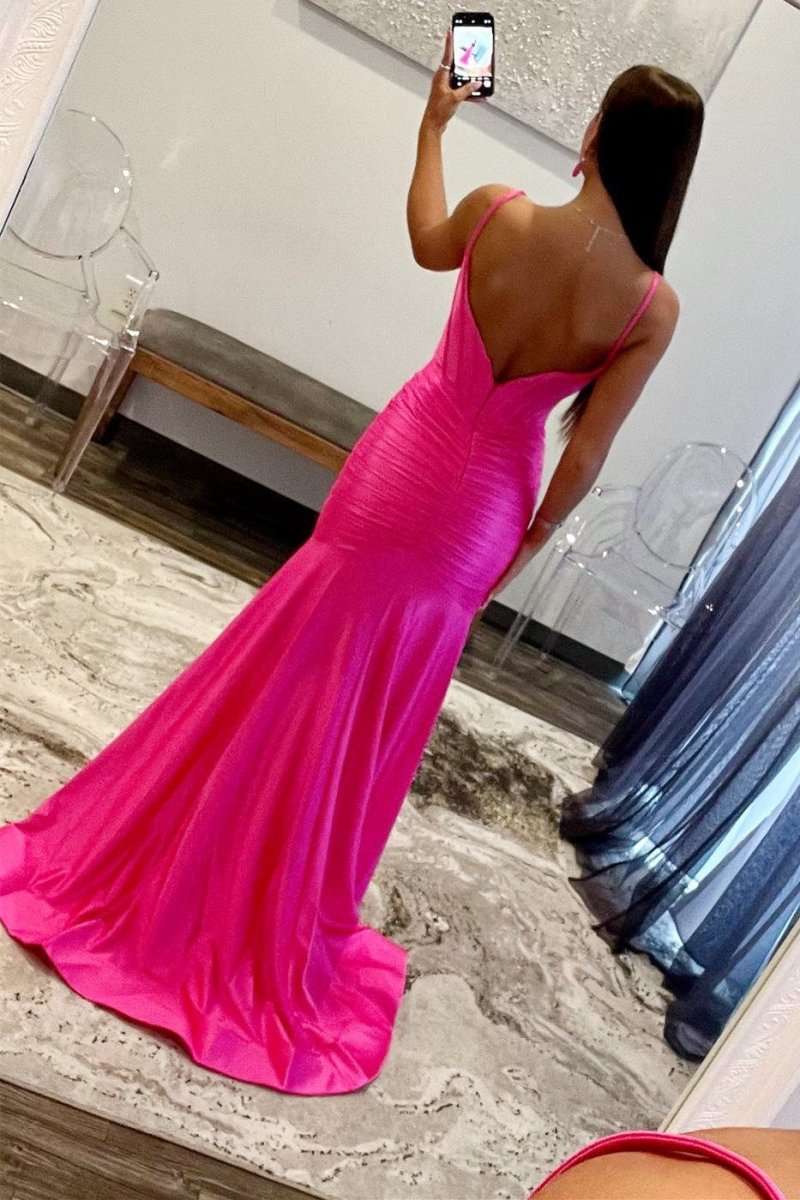 Addilynn| Vestido de fiesta de satén con escote redondo y abertura y corte sirena