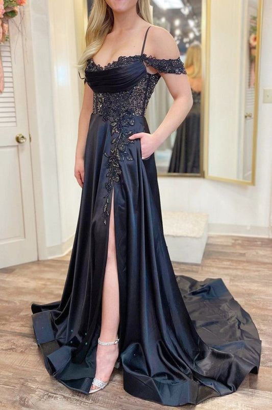 Vestido formal de corte A con hombros descubiertos, cuentas y abertura