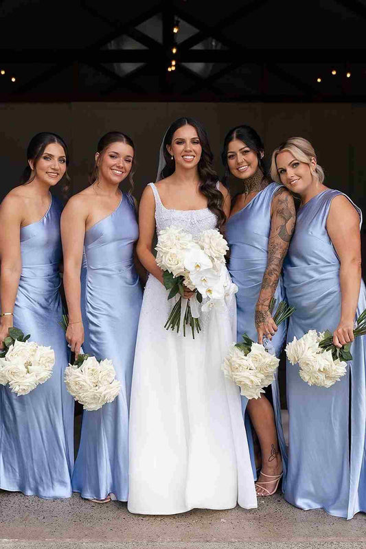 Fashion Sheath One Shoulder Silk Satin Long Bridesmaid Dresses