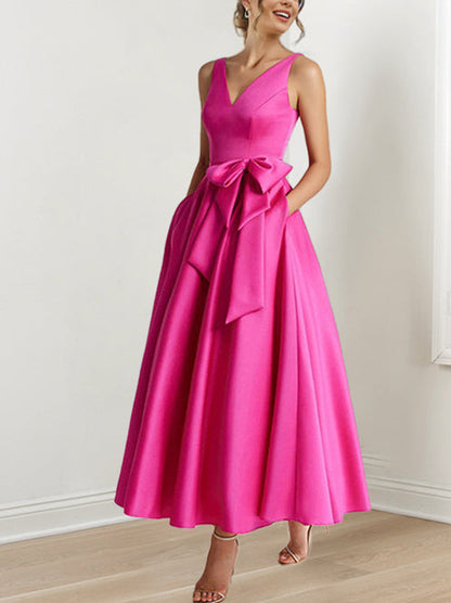 A-Line/Princess V-Neck Sleeveless Ankle-Length Mother of the Bride Dresses with Pockets & Ruffles