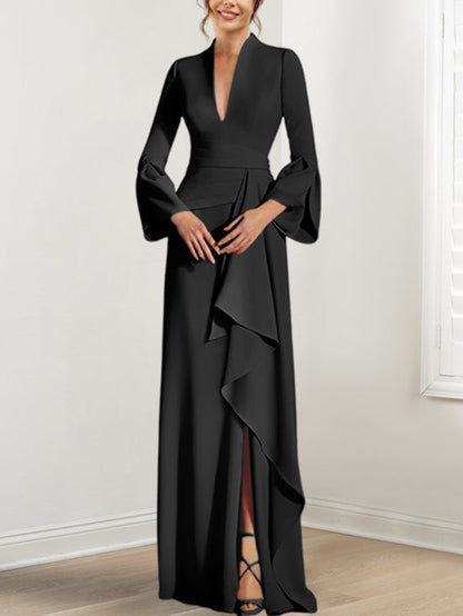 Sheath/Column V-Neck Long Sleeves Floor-Length Mother of the Bride Dresses With Split Side