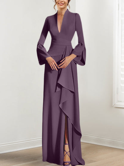Sheath/Column V-Neck Long Sleeves Floor-Length Mother of the Bride Dresses With Split Side