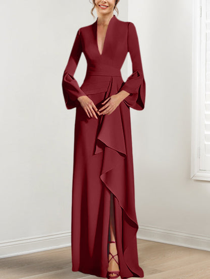 Sheath/Column V-Neck Long Sleeves Floor-Length Mother of the Bride Dresses With Split Side