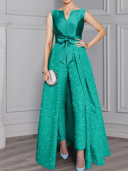 2 Pieces Scoop Long Sleeves Mother of the Bride Pantsuits with Sash ＆ Sequins