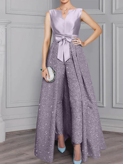 2 Pieces Scoop Long Sleeves Mother of the Bride Pantsuits with Sash ＆ Sequins