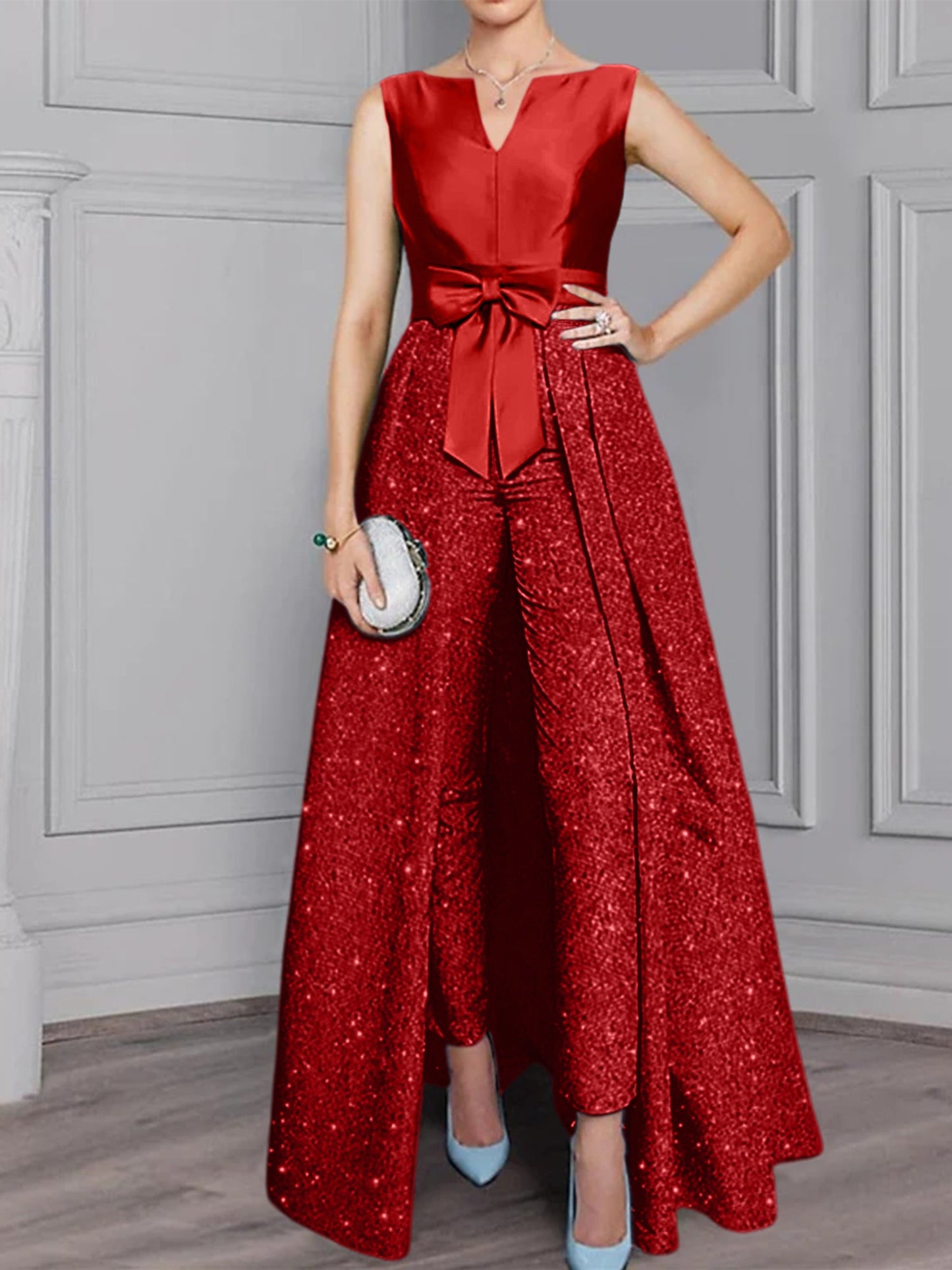 2 Pieces Scoop Long Sleeves Mother of the Bride Pantsuits with Sash ＆ Sequins
