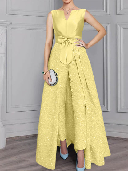 2 Pieces Scoop Long Sleeves Mother of the Bride Pantsuits with Sash ＆ Sequins