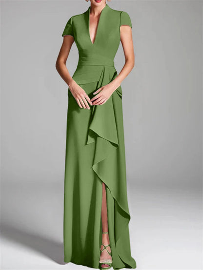 Sheath/Column V-Neck Short Sleeves Floor-Length Mother of the Bride Dresses with Split Side