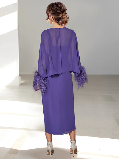 A-Line/Princess Tea-Length Mother of the Bride Dresses with Feathered Jacket