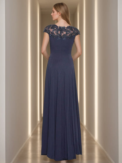 A-Line/Princess Jewel Neck Short Sleeves Floor-Length Mother of the Bride Dresses With Appliques