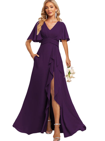 A Line V Neck Flutter Sleeve Floor Length  Bridesmaid Dresses with Pockets  with Slit Ruffles