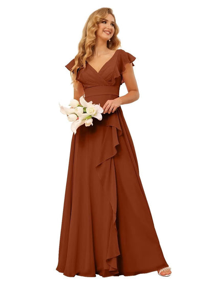 A-Line/Princess  V Neck Short Sleeve Floor Length  Bridesmaid Dresses With  Ruffled Split