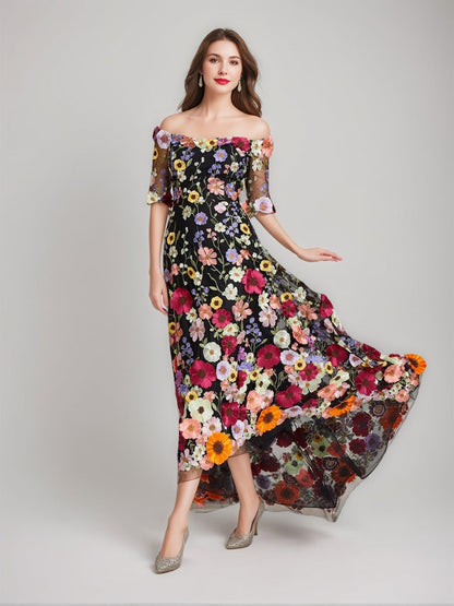 A-Line/Princess Off-the-Shoulder Half Sleeves Printed Floral Evening Dresses
