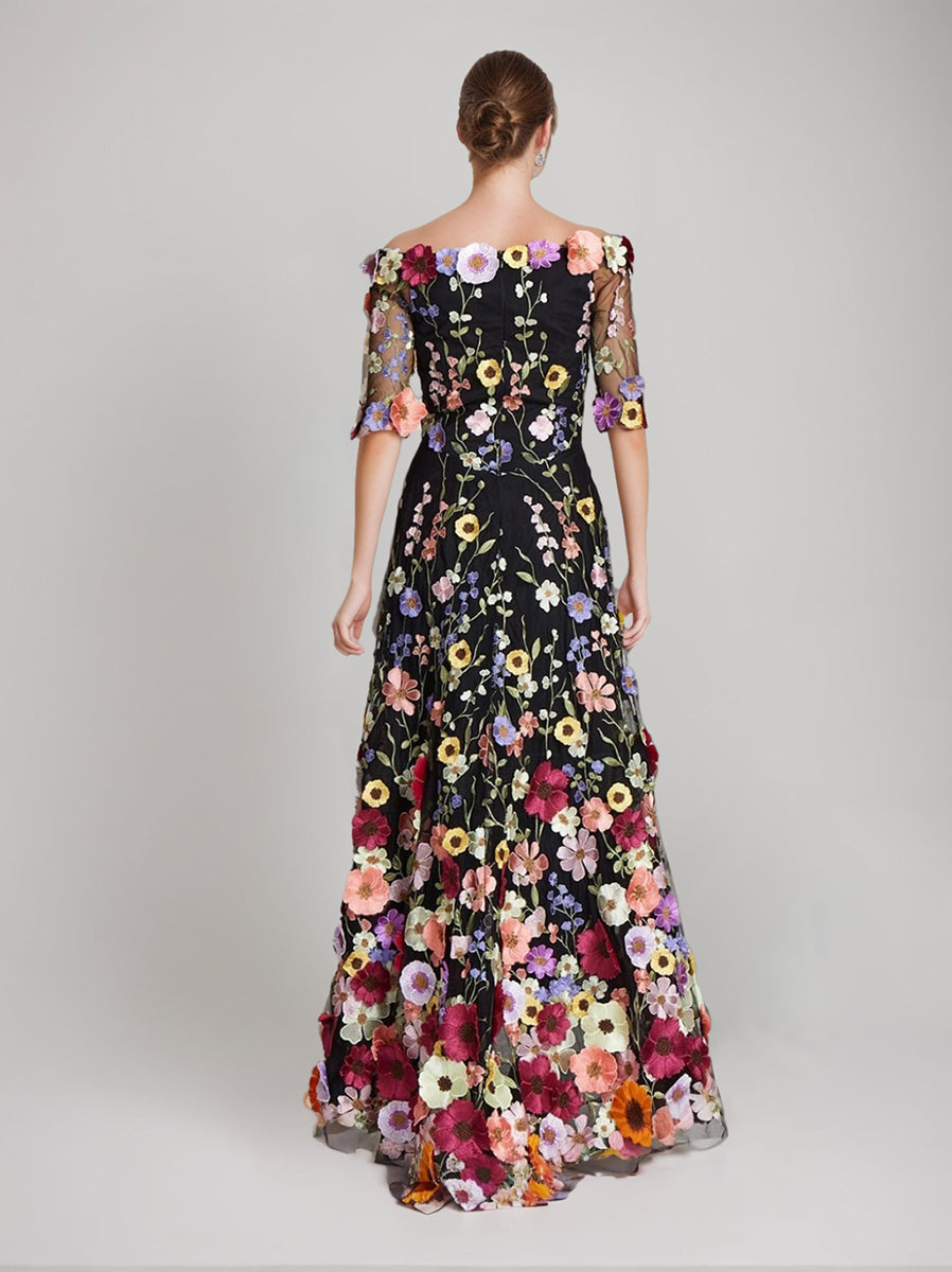 A-Line/Princess Off-the-Shoulder Half Sleeves Printed Floral Evening Dresses