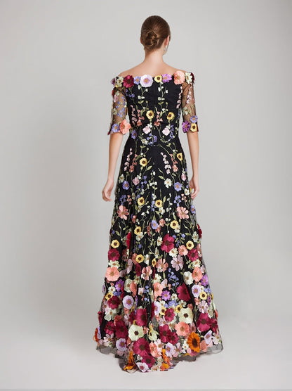 A-Line/Princess Off-the-Shoulder Half Sleeves Printed Floral Evening Dresses