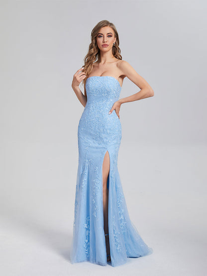 Mermaid Strapless Appliques Lace Prom Dresses