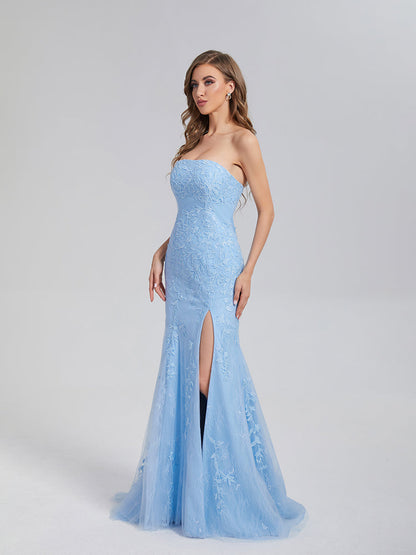 Mermaid Strapless Appliques Lace Prom Dresses