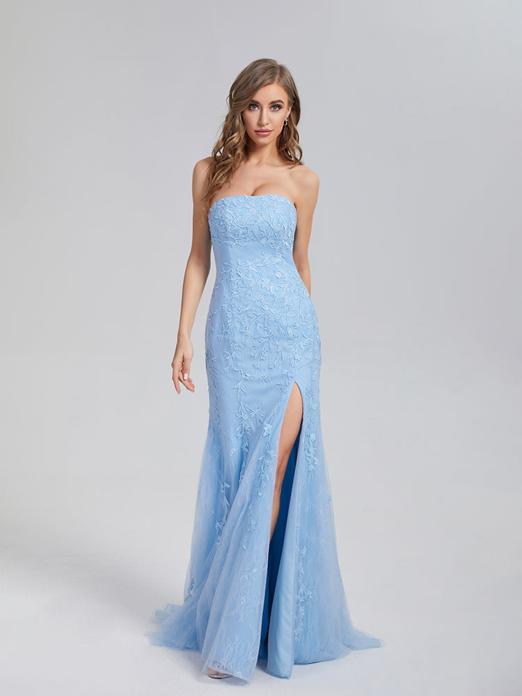 Mermaid Strapless Appliques Lace Prom Dresses