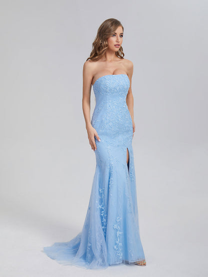 Mermaid Strapless Appliques Lace Prom Dresses