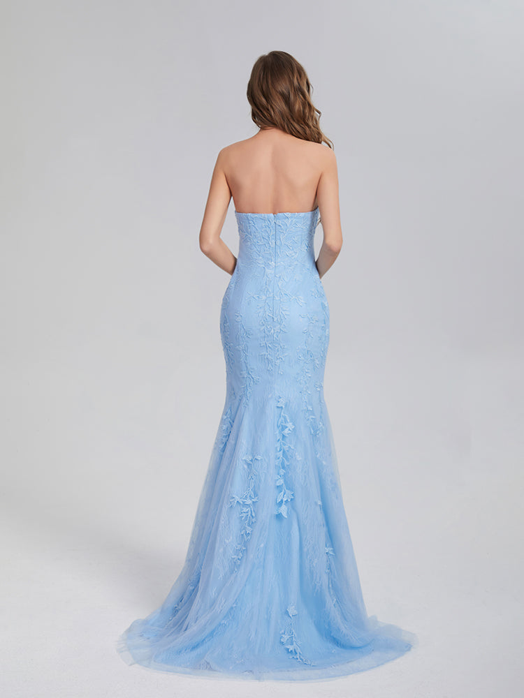 Mermaid Strapless Appliques Lace Prom Dresses