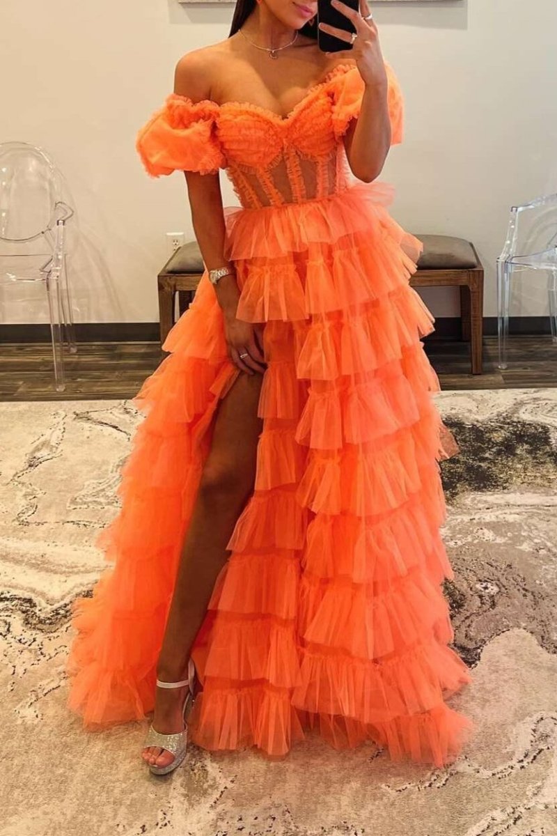 Elia | Vestido de fiesta de tul con escote en A y hombros descubiertos con abertura