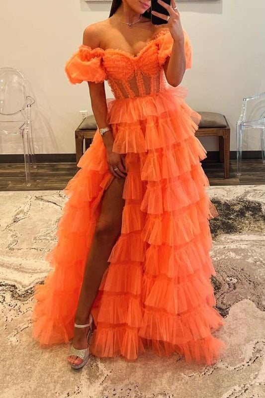 Elia | Vestido de fiesta de tul con escote en A y hombros descubiertos con abertura