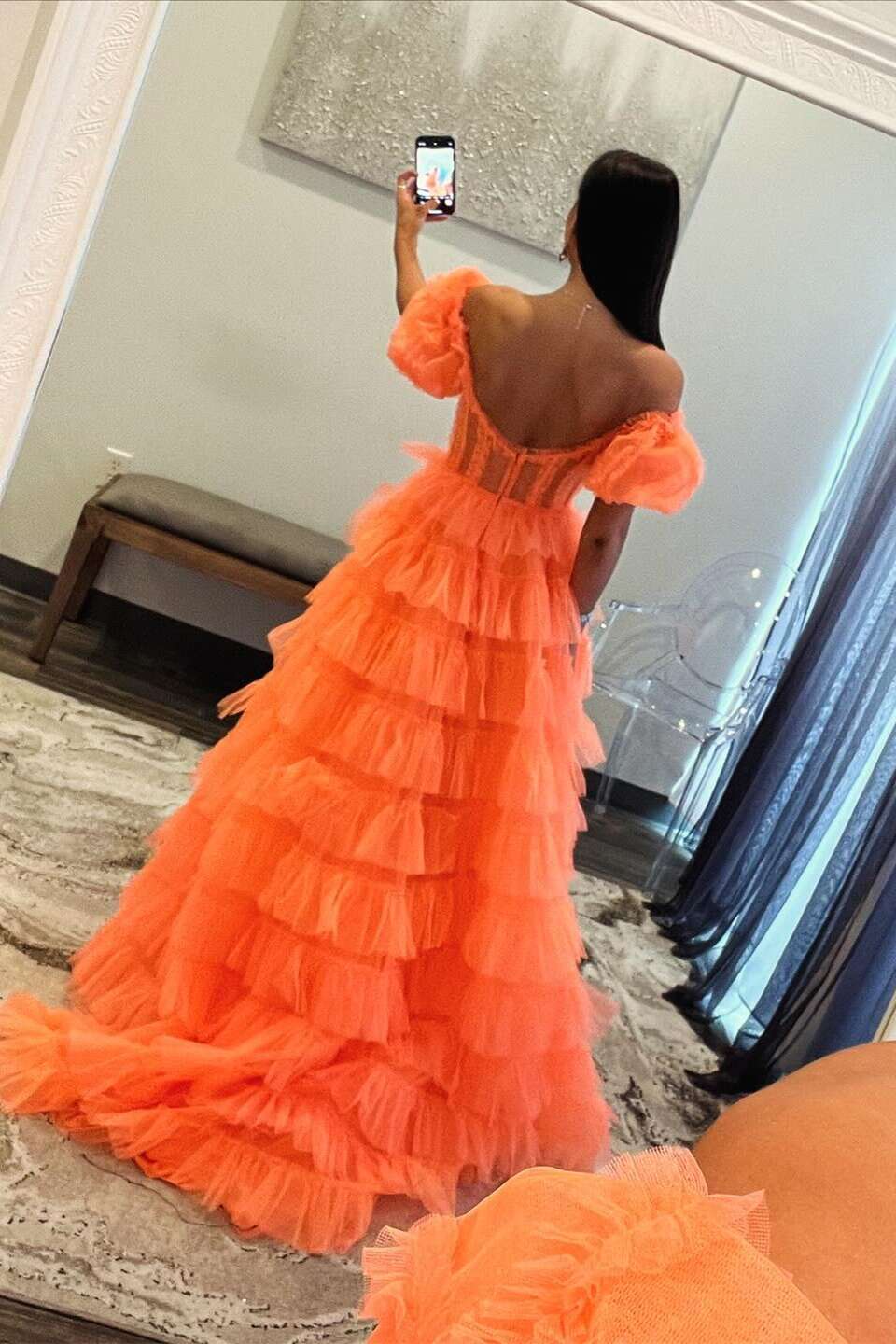 Elia | Vestido de fiesta de tul con escote en A y hombros descubiertos con abertura
