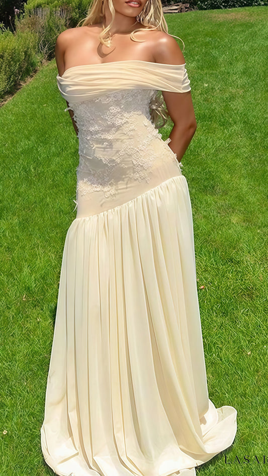 Vestido de fiesta de noche de gasa con hombros descubiertos, vestido de fiesta con apliques, LTP3498